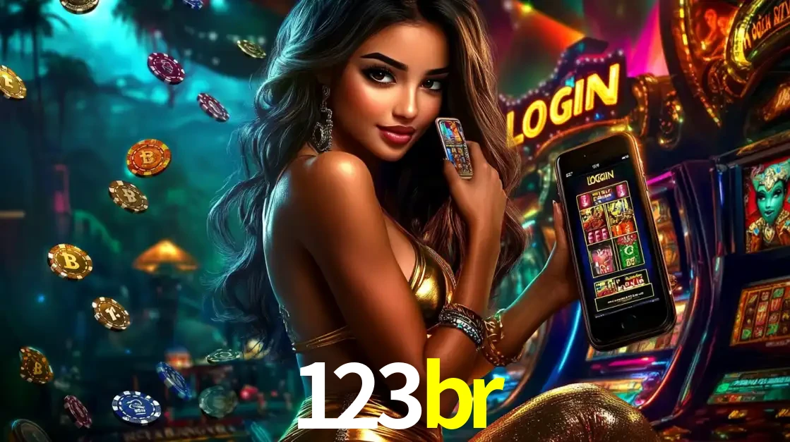Mulher em um cenário de cassino temático de aventura, mostrando o app de caça-níqueis da 123br no celular. Fichas de apostas flutuam ao redor.
