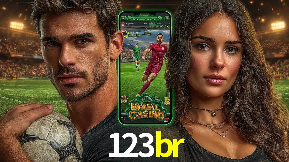 Homem segurando uma bola de futebol e uma mulher ao lado de um smartphone exibindo o jogo de apostas esportivas da 123br. Faça seu palpite no cassino online.